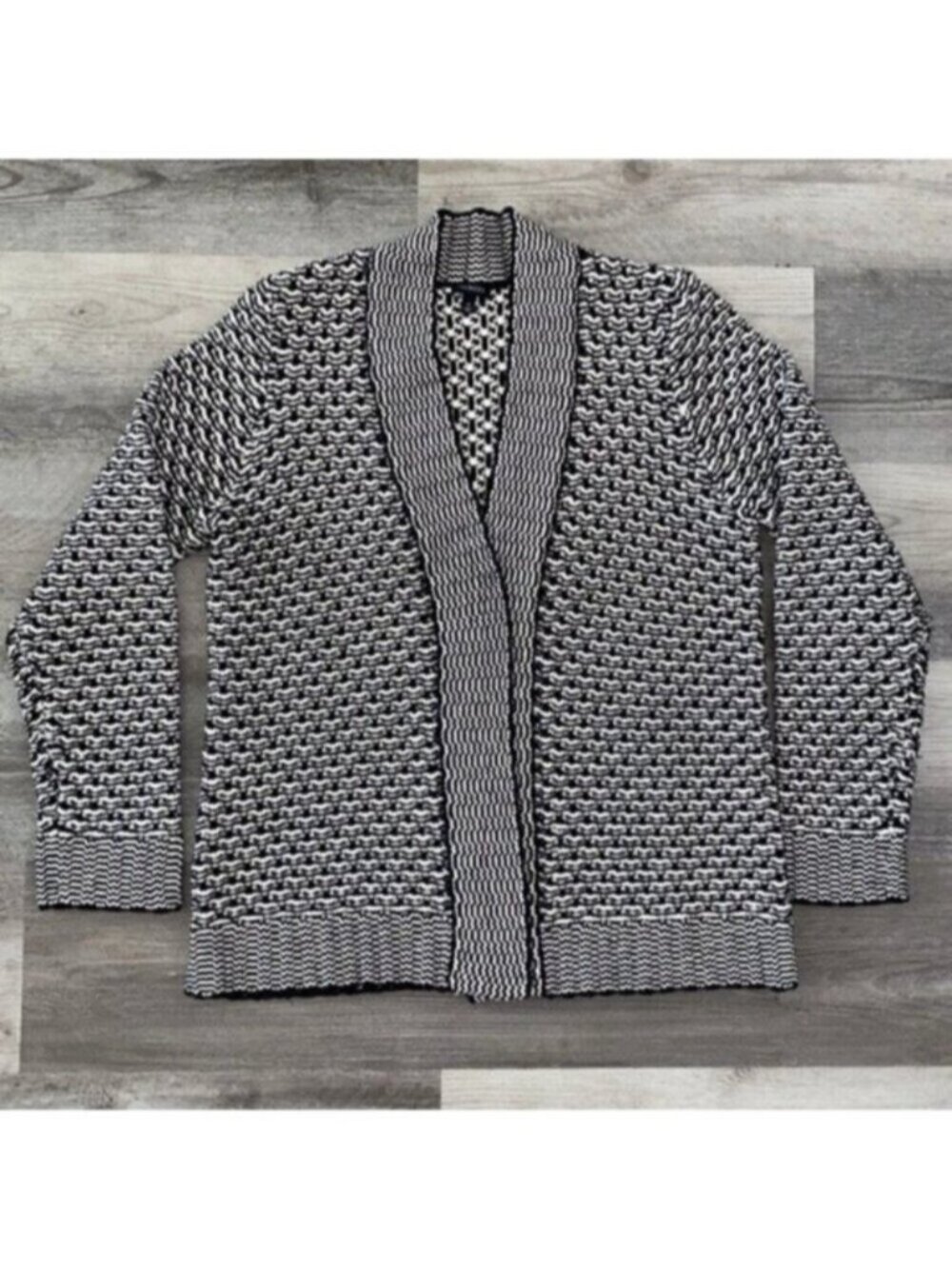 Talbots Knit Purl Open Cardigan Chunky Sweater Black White Lounge Sz Medium